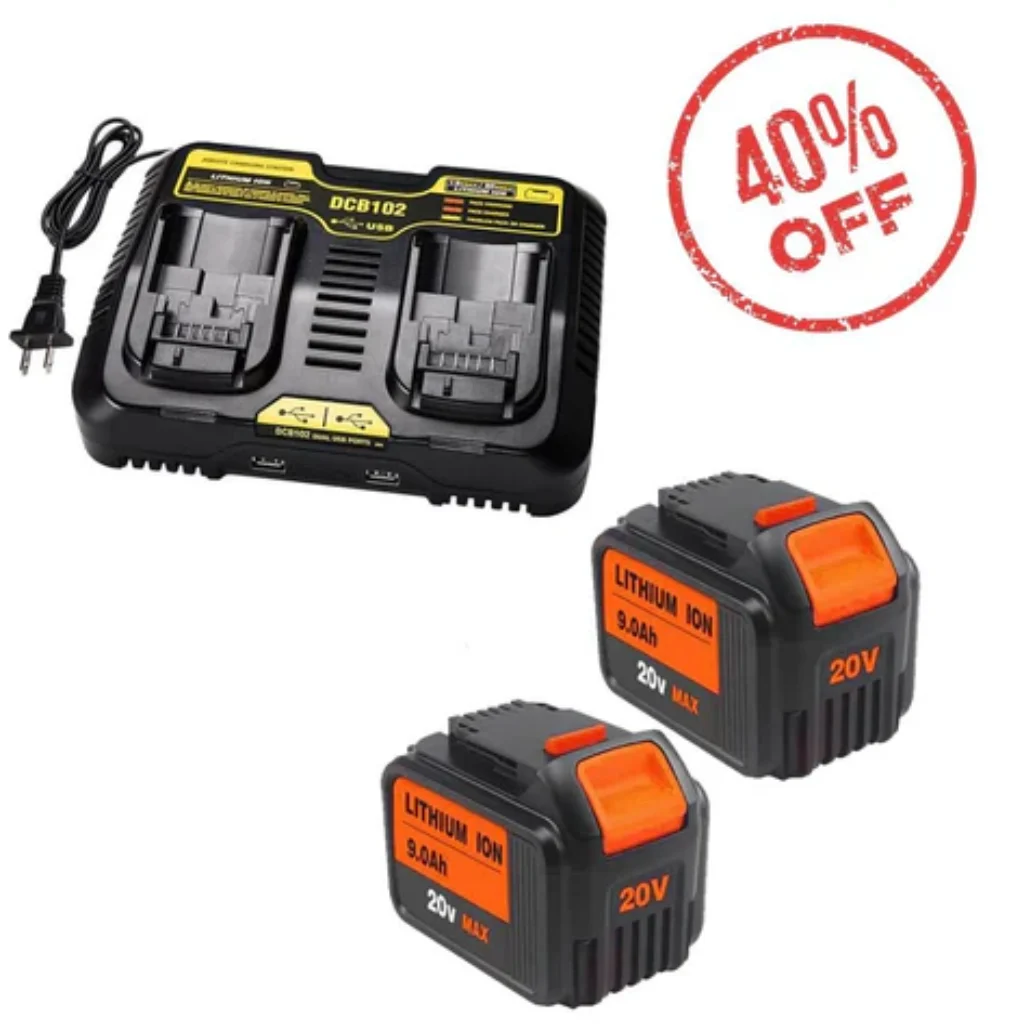 20V 9.0Ah Replacement Battery for DeWalt DCB205 - 2 Pack with Dual Charger