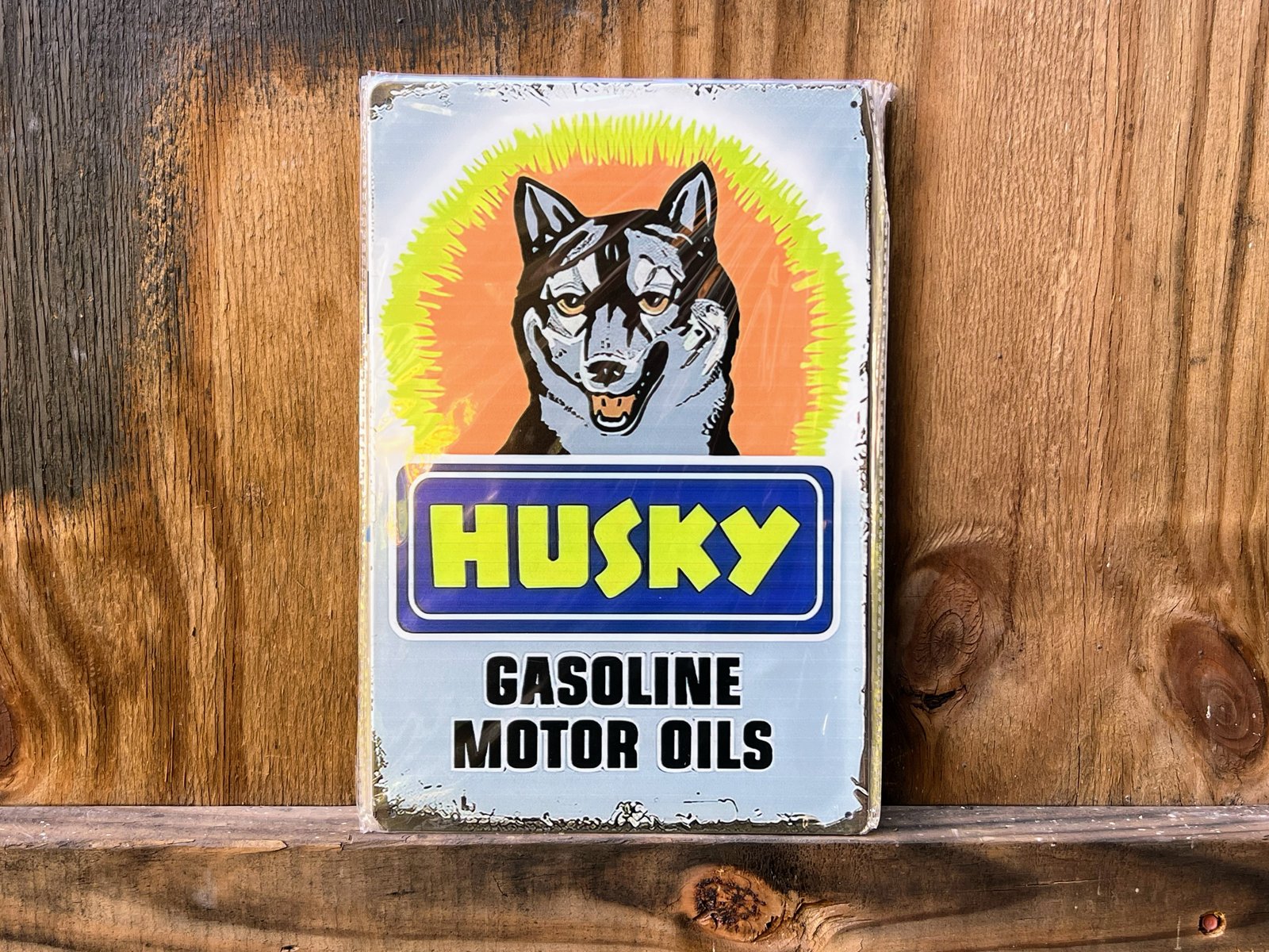 Metal 12” x 8” reproduction Vintage Husky Gasoline Motor Oil sign gas oil mancave garage.