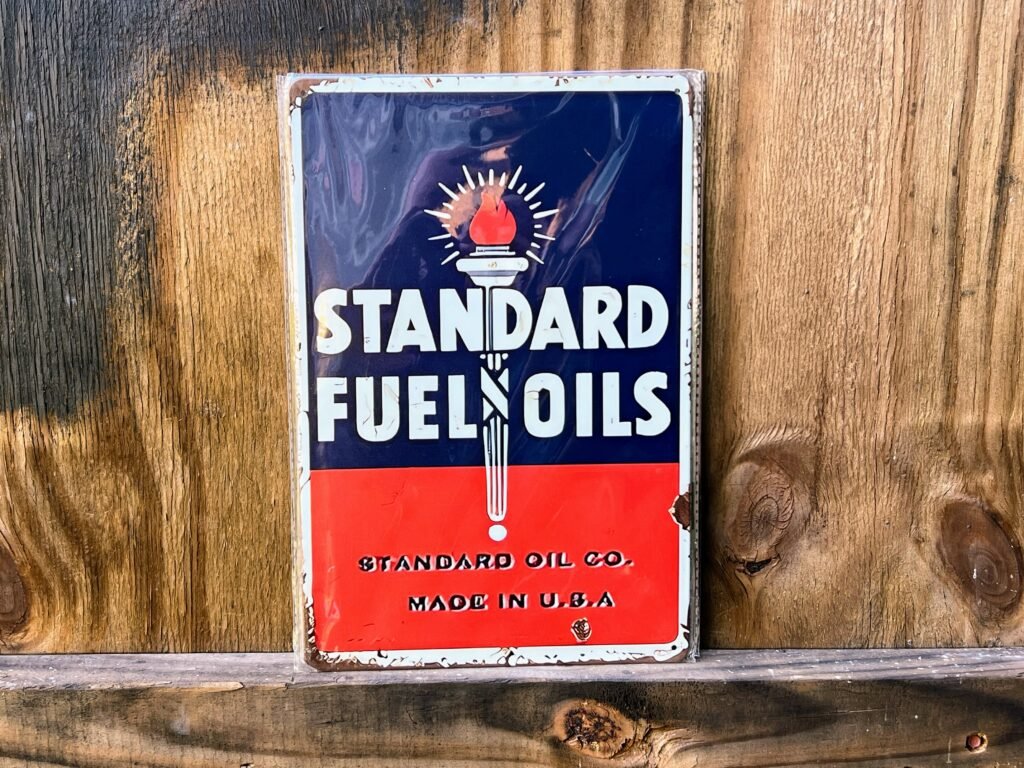 Metal 12” x 8” reproduction Vintage Standard Fuel Oils sign gas oil mancave garage.