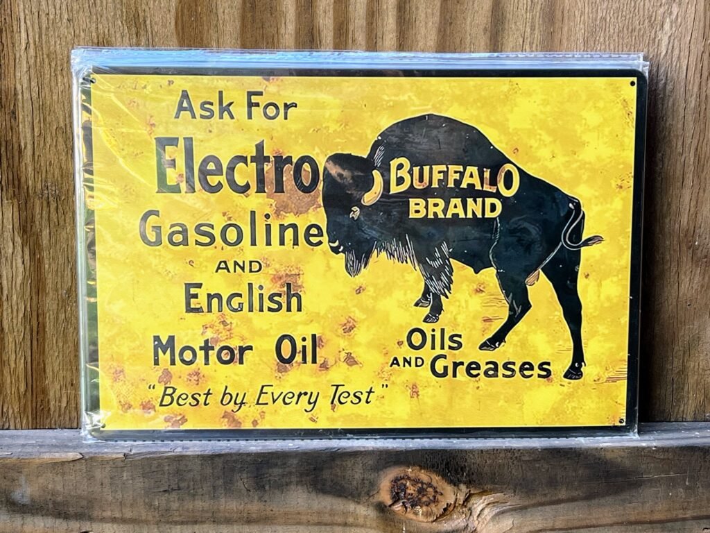 Metal 12” x 8” reproduction Vintage Electro Buffalo Brand sign gas oil mancave garage.