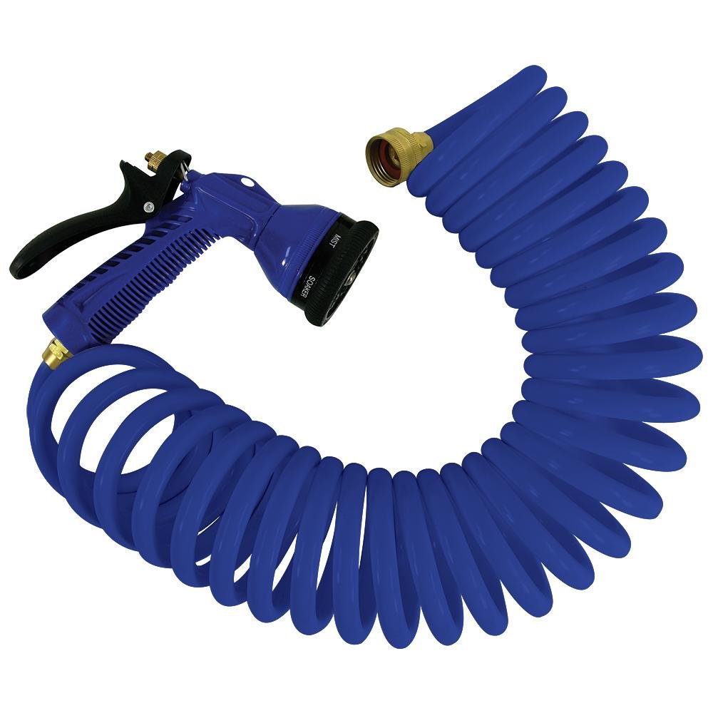 Whitecap – Coiled Hose w/Adjustable Nozzle – 15′ – Blue – P-0440B