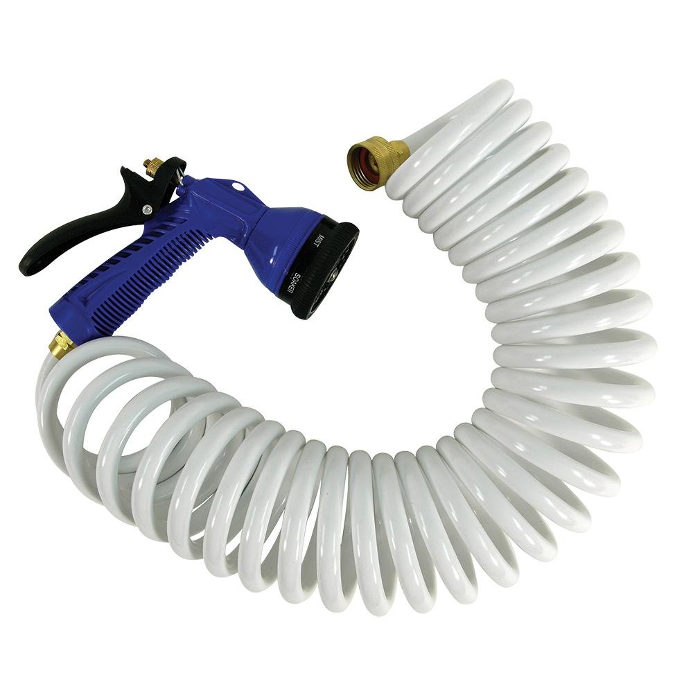 Whitecap – Coiled Hose w/Adjustable Nozzle – 25′ – White – P-0441