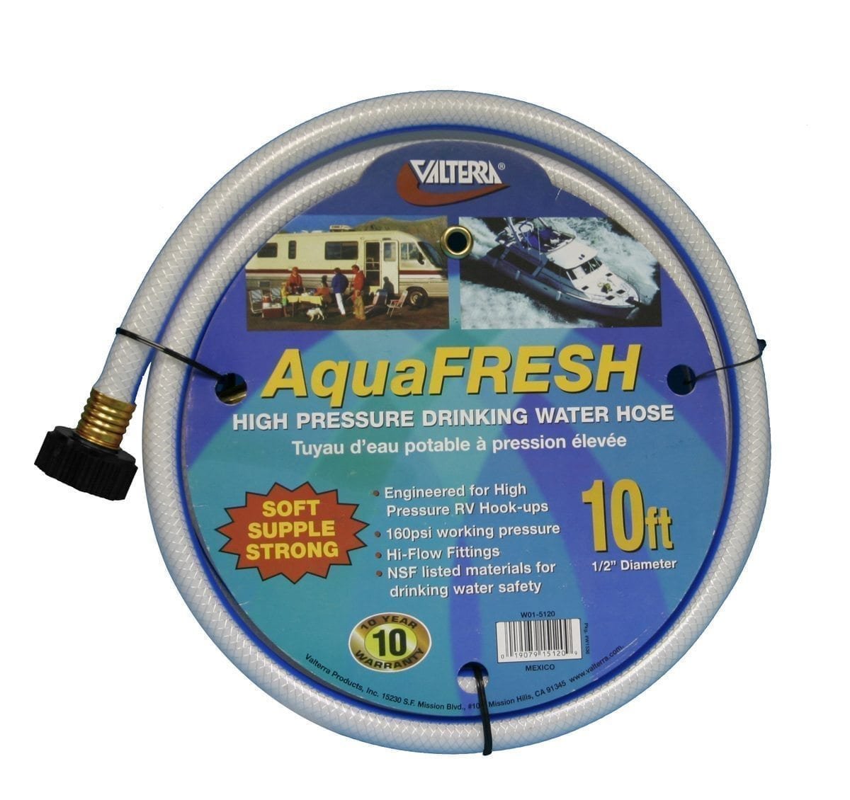 Valterra – AquaFresh High-Pressure Drinking Water Hose – 10′ x 1/2″ ID – White – W015120