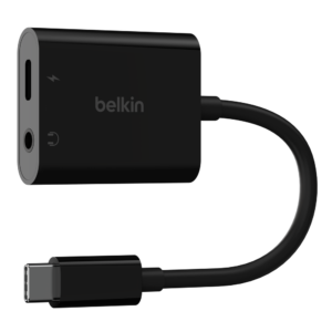 Belkin RockStar 3.5mm Audio + USB-C Charge Adapter – Black | Simultaneous Charging & Audio