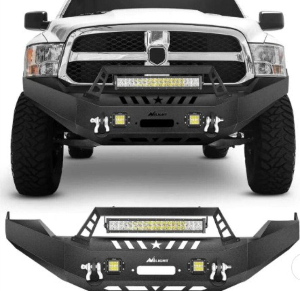 2013 2014 2015 2016 2017 2018 Dodge Ram 1500 Front Bumper Full Width Solid Steel with Winch Plate Offroad 120W LED Light Bar 2Pcs 18W Light Pods D-Rings