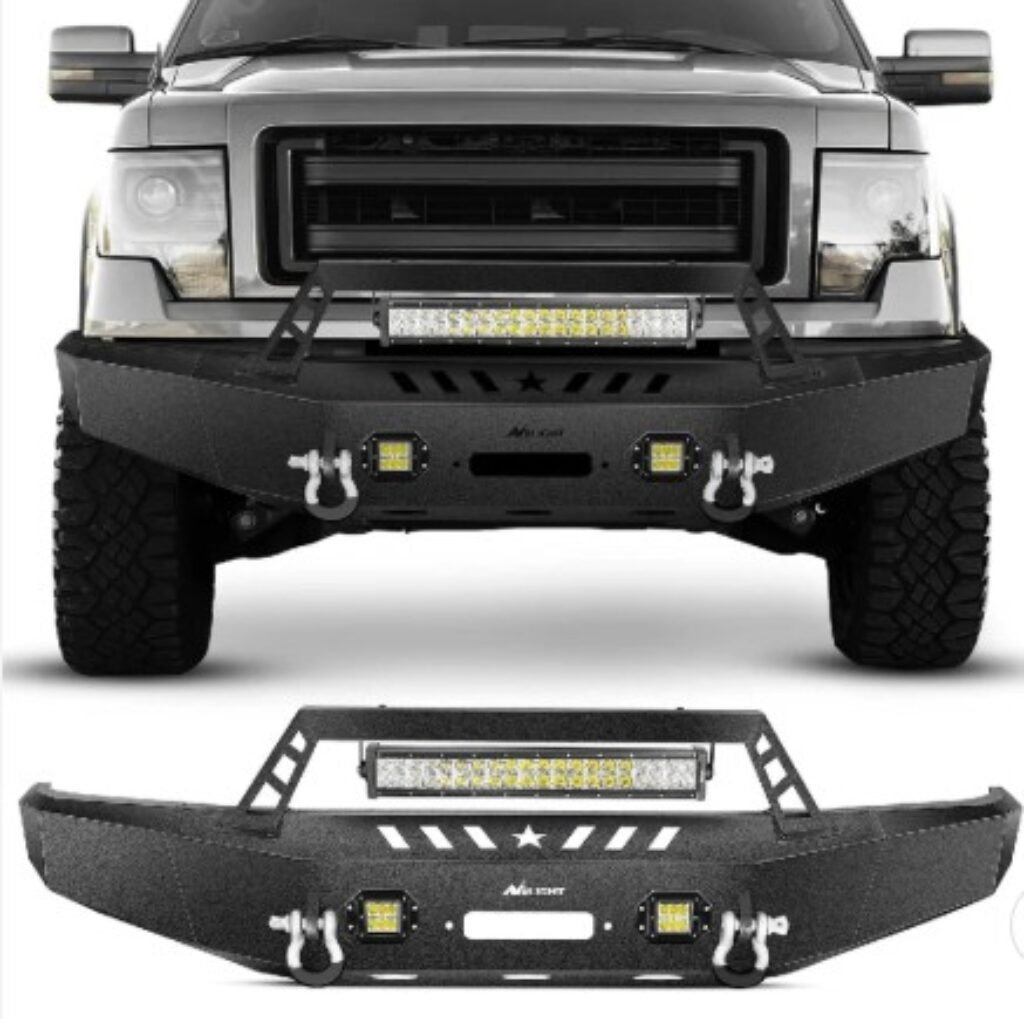 2009-2014 Ford F150 Front Bumper Full Width Solid Steel with Winch Plate Offroad 120W LED Light Bar 2Pcs 18W LED Work Light Pods
