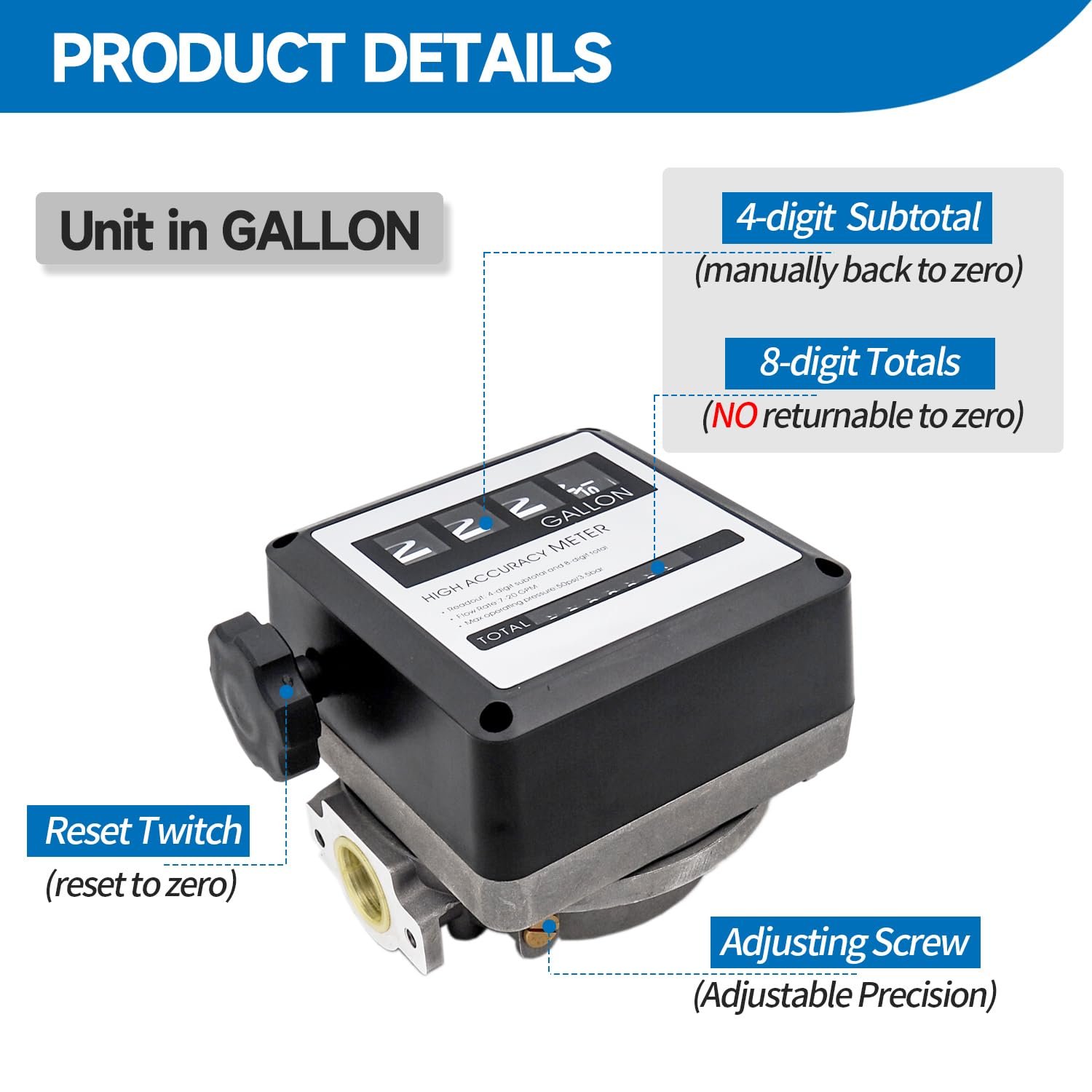 1 Inch NPT Mechanical Gallon Fuel Flow Meter for Gasoline, Kerosene or Diesel Fuel Tank Transfer Pumps, Aluminum 7-20 GPM 4-Digital Batch Display - Image 4