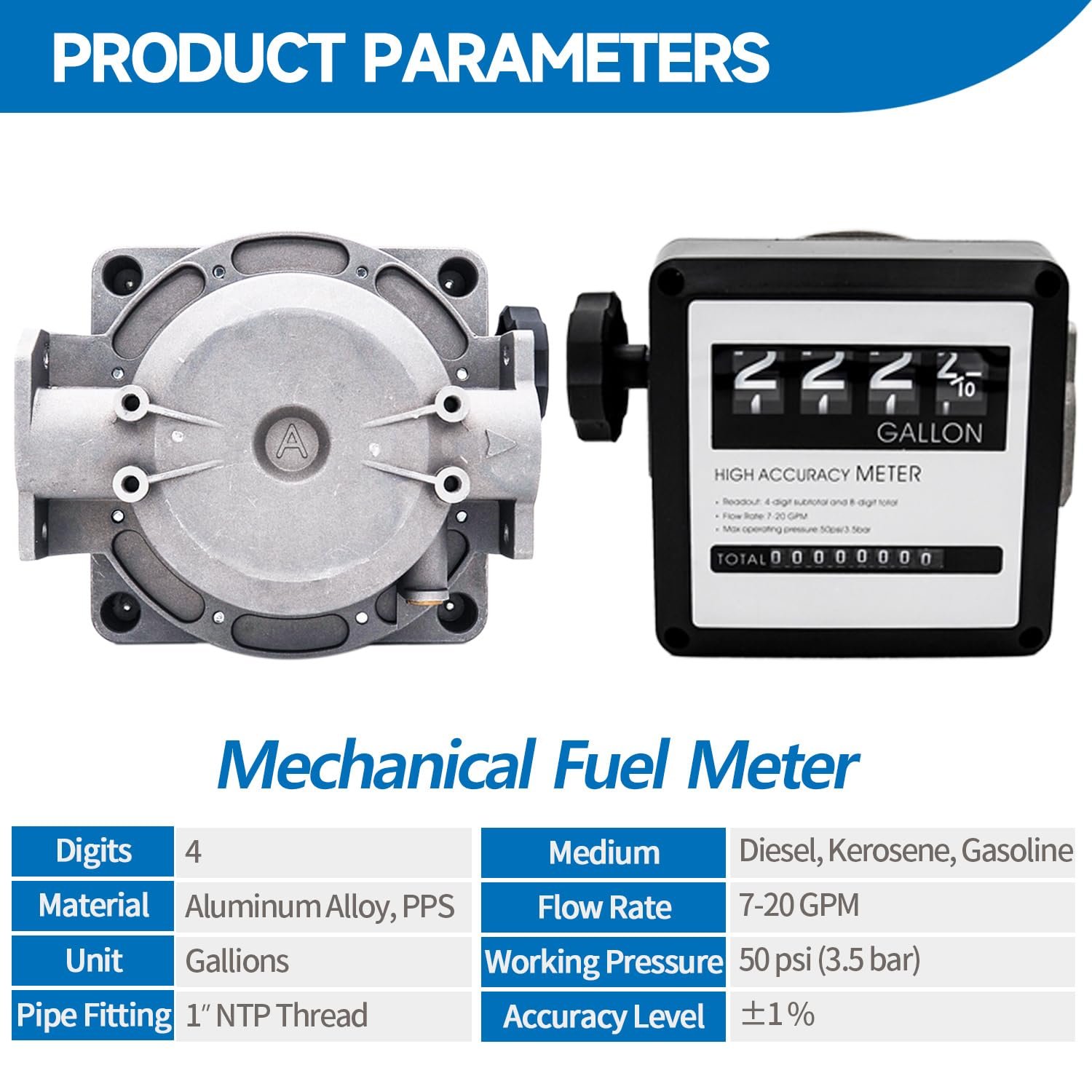 1 Inch NPT Mechanical Gallon Fuel Flow Meter for Gasoline, Kerosene or Diesel Fuel Tank Transfer Pumps, Aluminum 7-20 GPM 4-Digital Batch Display - Image 5