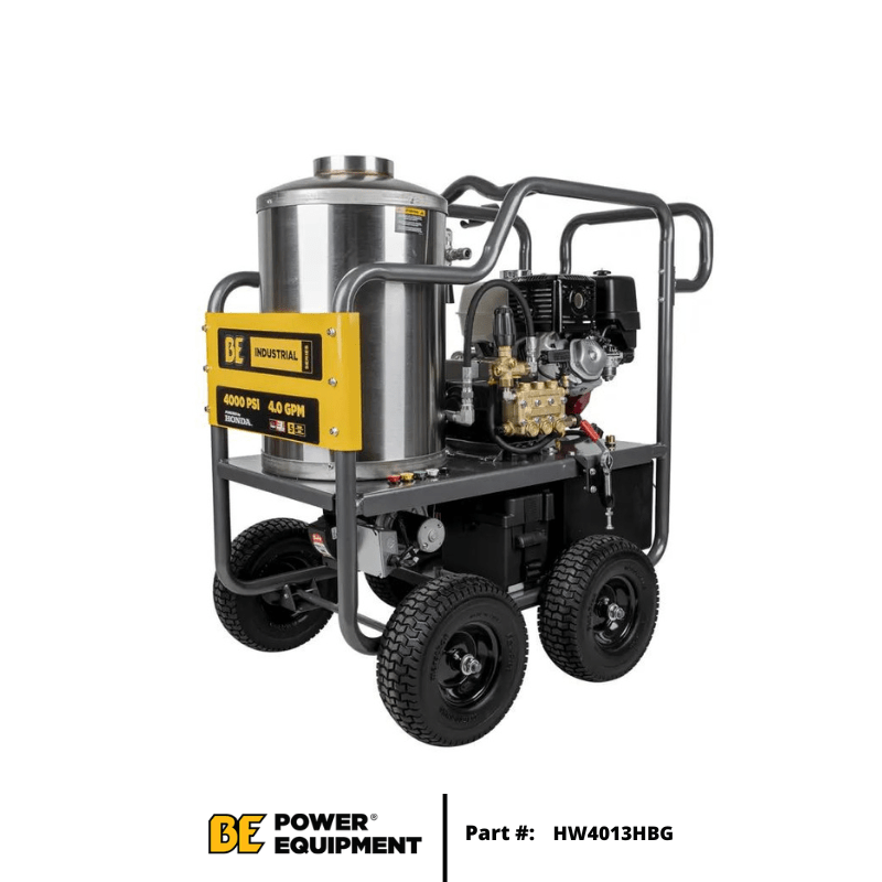 BE Industrial (HW4013HBG) 4 |000 PSI - 4.0 GPM Hot Water Pressure Washer with Honda GX390 Engine and Belt Driven General Triplex Pump