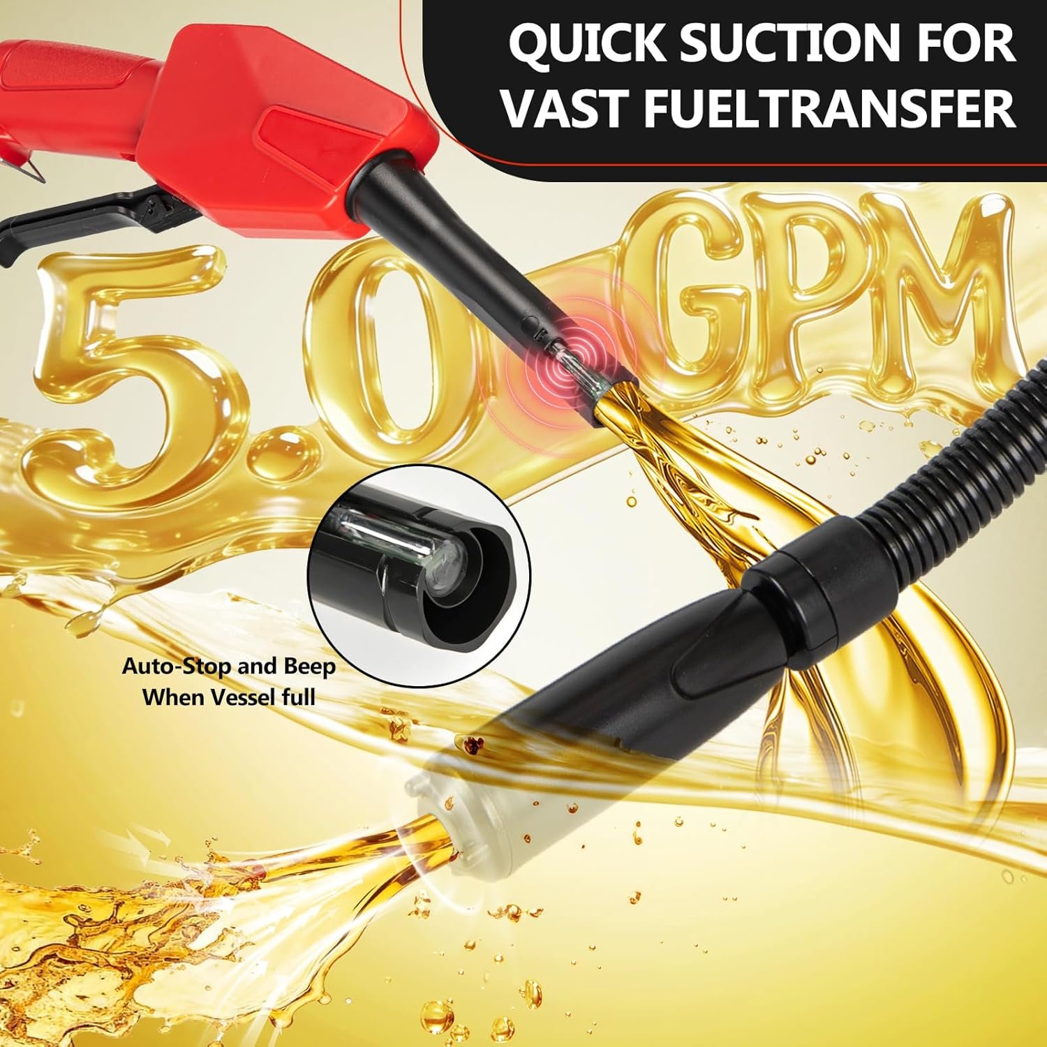 5GPM Cordless Fuel Transfer Pump,Auto-Stop & Hand Nozzle, Compatible with DeWalt 20V & Milwaukee 18V Batteries, 51'' hose,Vertical Operated Gas Can Pump for Diesel, Gasoline (Battery Excluded) - Image 3