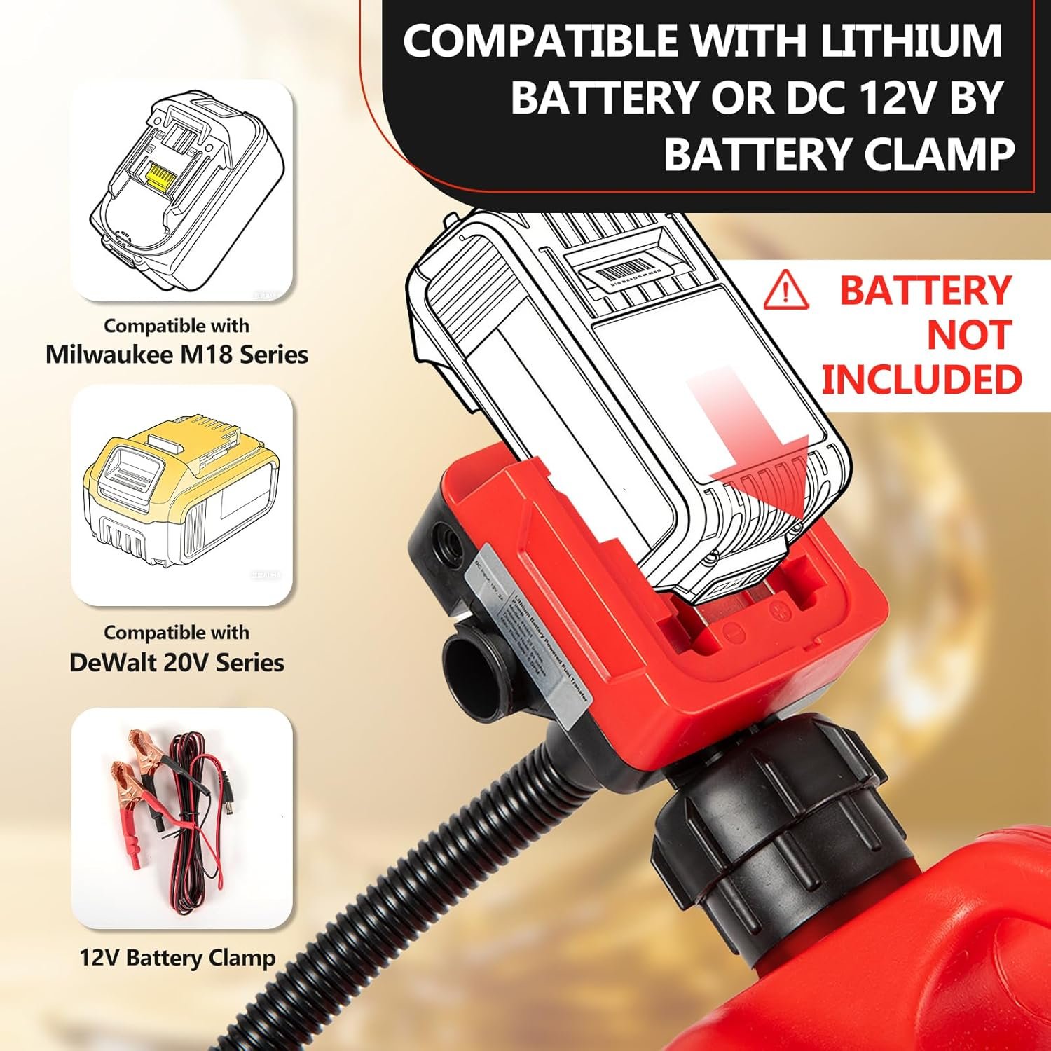 5GPM Cordless Fuel Transfer Pump,Auto-Stop & Hand Nozzle, Compatible with DeWalt 20V & Milwaukee 18V Batteries, 51'' hose,Vertical Operated Gas Can Pump for Diesel, Gasoline (Battery Excluded) - Image 6