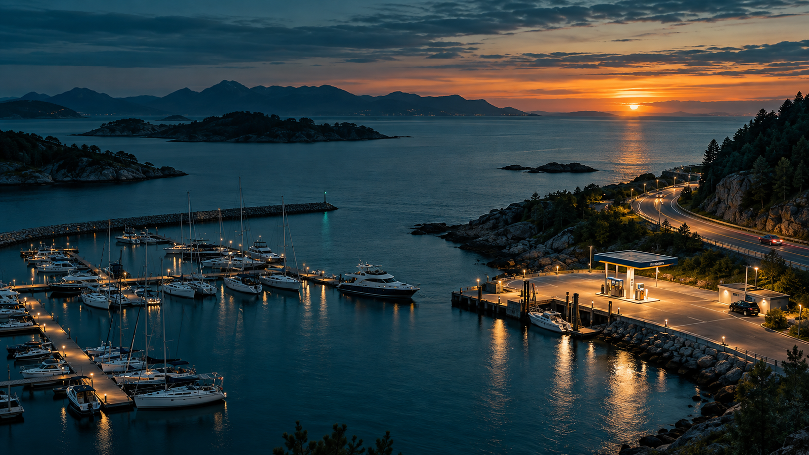 Marina, performance boat and fuel tanker at blue hour